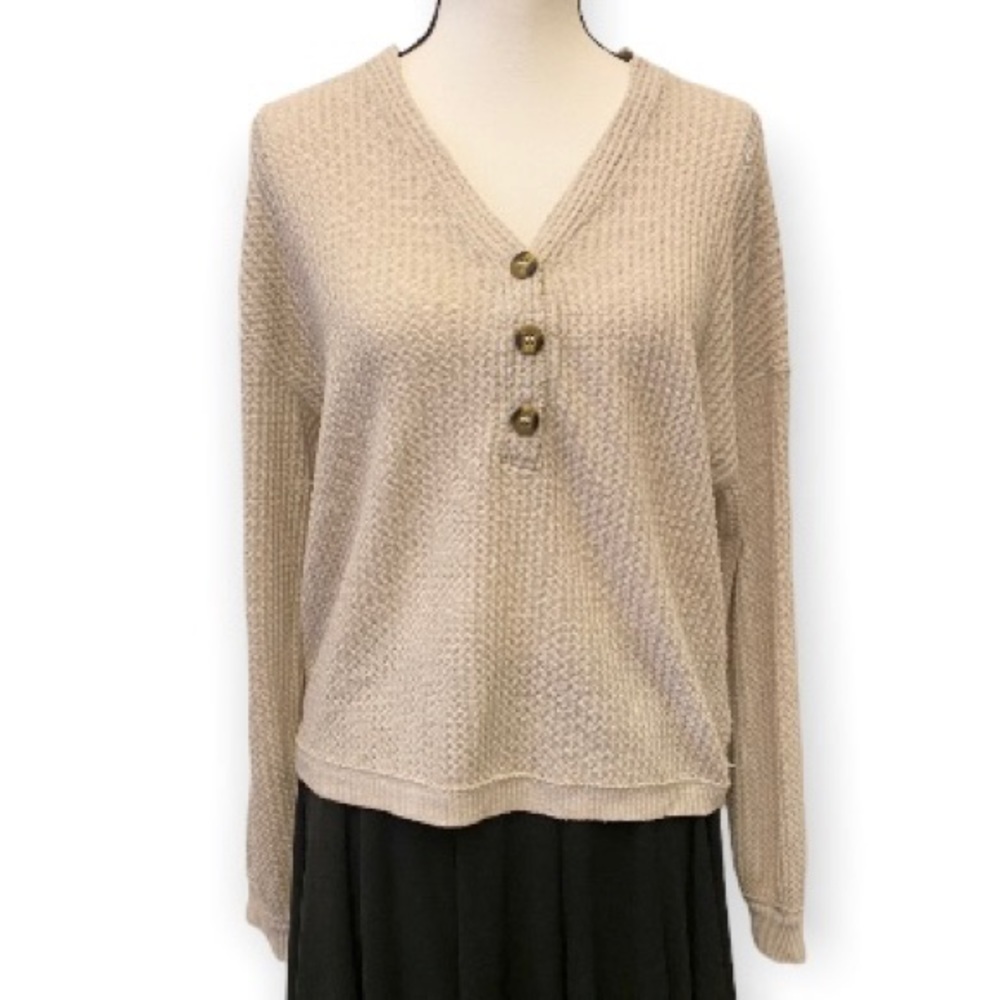 American Eagle Soft & Sexy Plush Waffle Knit Boxy Henley Women’s Top Sz Med Tan